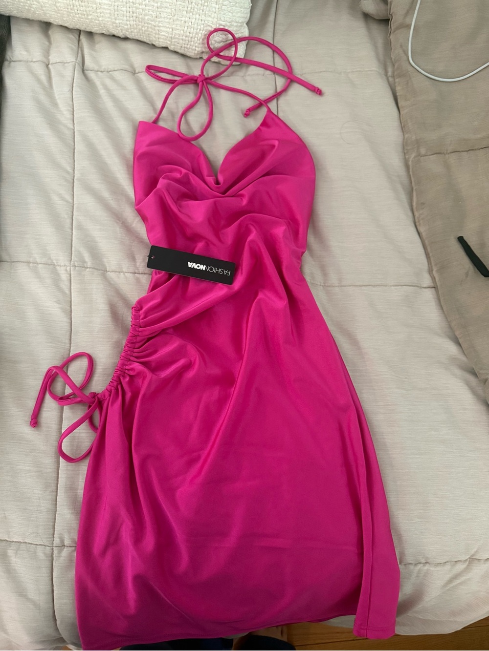 Fashion Nova Hot Pink Backless Halter Ruched Side Dress